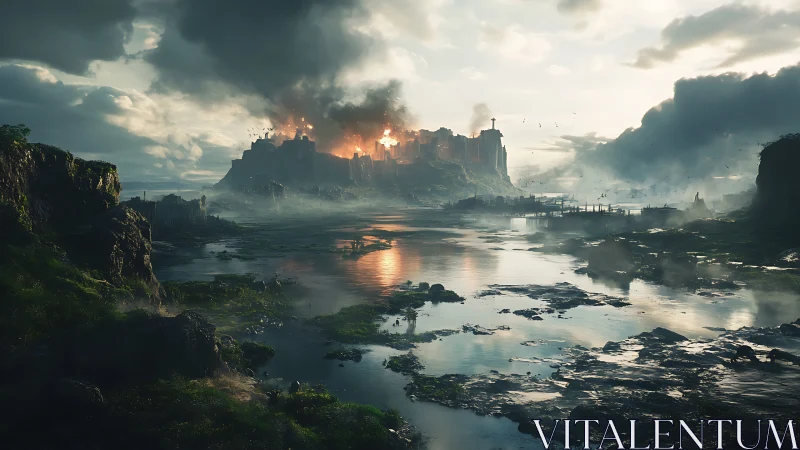 Cinematic ruin landscape with burning coastal fortress at dusk.