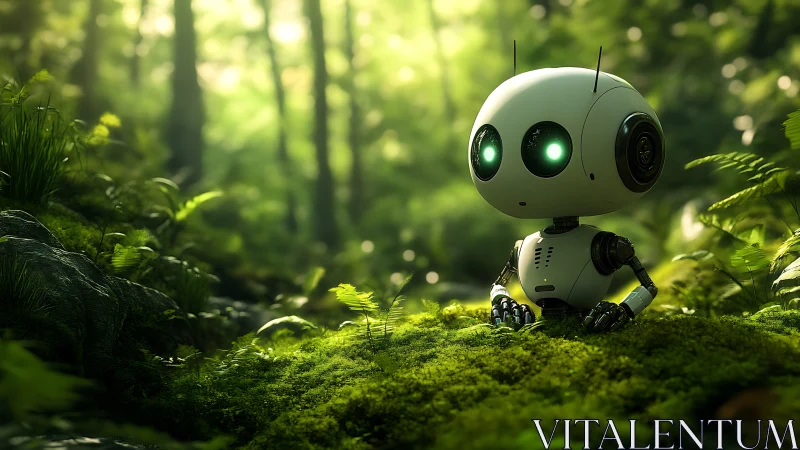 Small exploration robot rests in a glowing mossy forest.