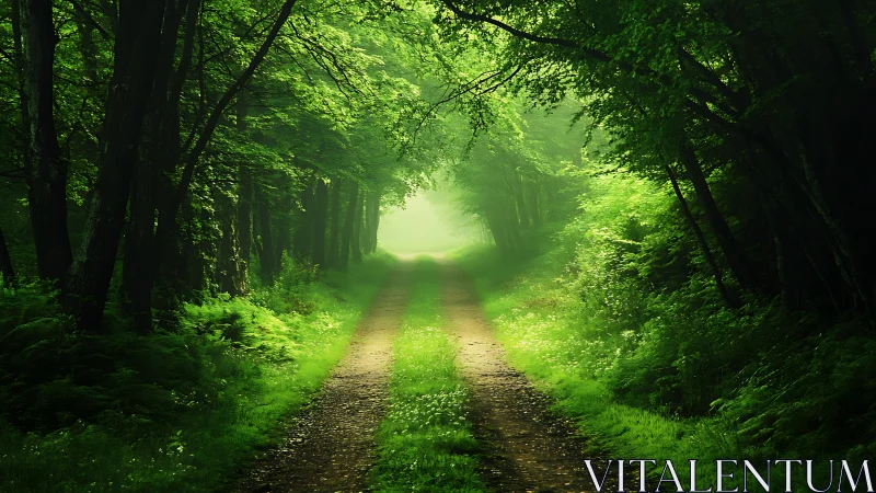 Sunlit Forest Path with Lush Greenery in Photorealistic Style.