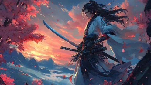 Lone swordsman greets a glowing sunset among cherry trees