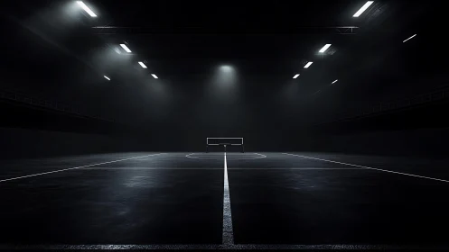 Dim indoor tennis court recedes into deep atmospheric darkness