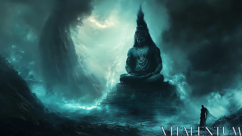 Colossal seated deity amid stormy teal misted canyon.