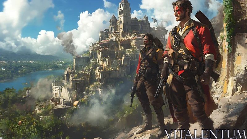 Armed figures observe cliffside fortress city under dense clouds