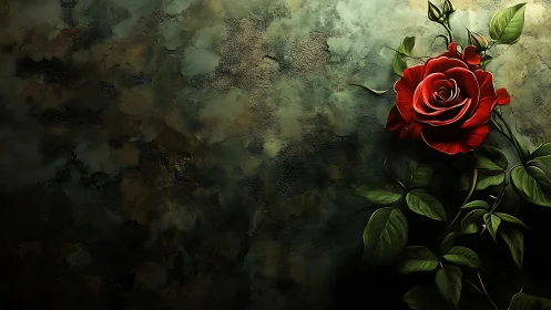 Red Rose Against Weathered Textured Background.