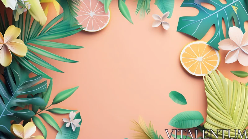 Tropical paper-cut leaves and citrus border on peach backdrop.
