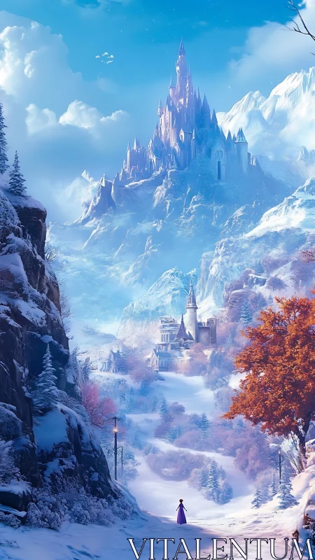 Snow-clad valley leading toward a luminous alpine fantasy castle