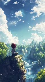 Solitary anime figure overlooks vast waterfall valley
