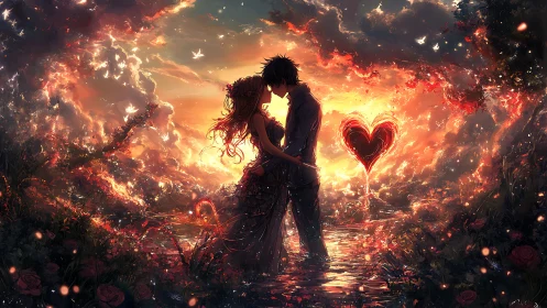 Romantic Silhouettes Amid Fiery Fantasy Landscape.