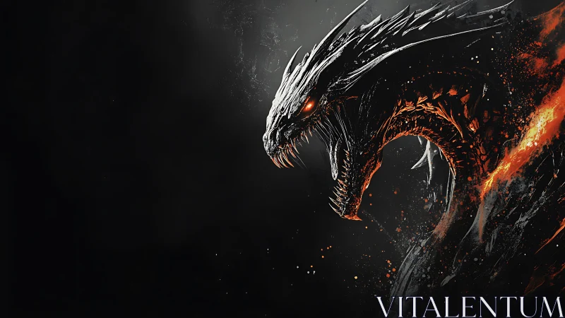 Fire-breathing dragon silhouette emerges from dark background
