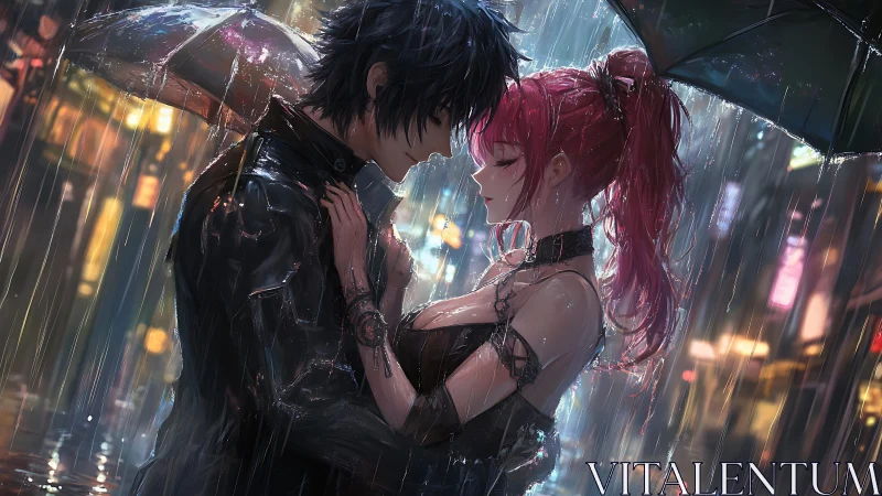 Lovers stand under umbrellas in neon city rainstorm