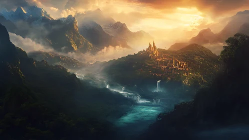 Sun-drenched citadel leans over a river of enchanted light