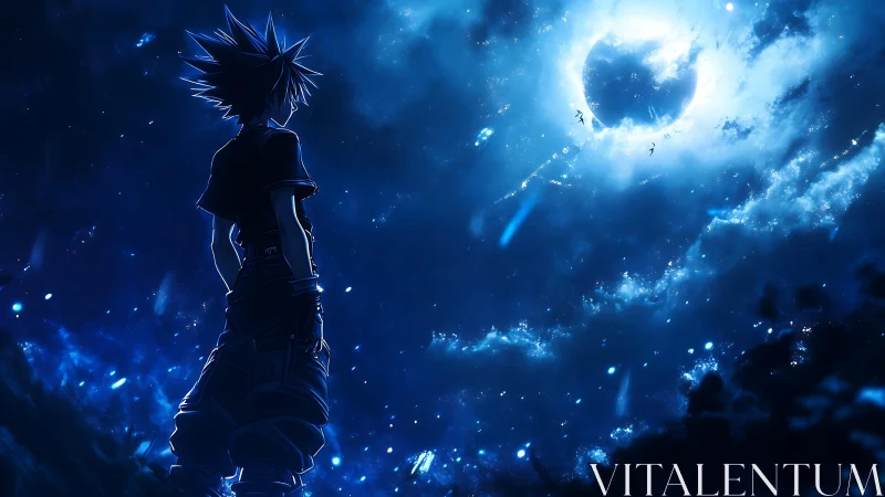 Silhouetted anime boy observes glowing moon in starry sky