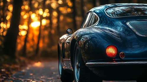 Vintage sports car glows against a golden forest sunset drive