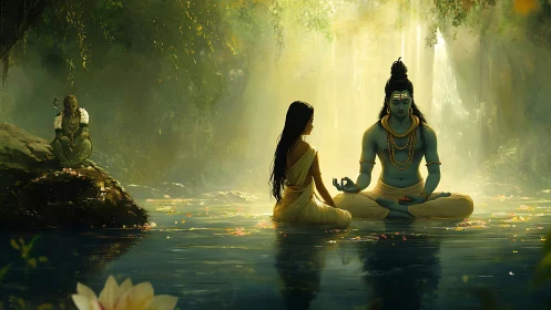 Divine figures in meditative pose by river in forest light.