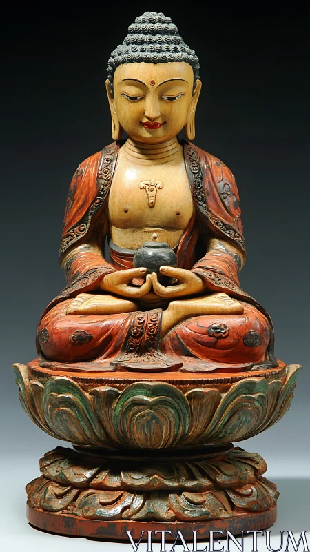 Polychrome Buddha sculpture seated on lotus pedestal, studio-lit.