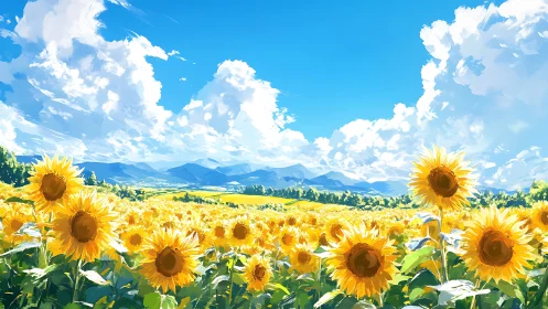 Sunlit sunflower fields glow beneath vast summer skies