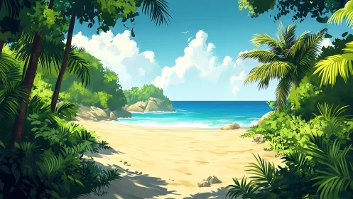 Tropical Beach Paradise: Digital Illustration of Secluded Shoreline with Palms.
