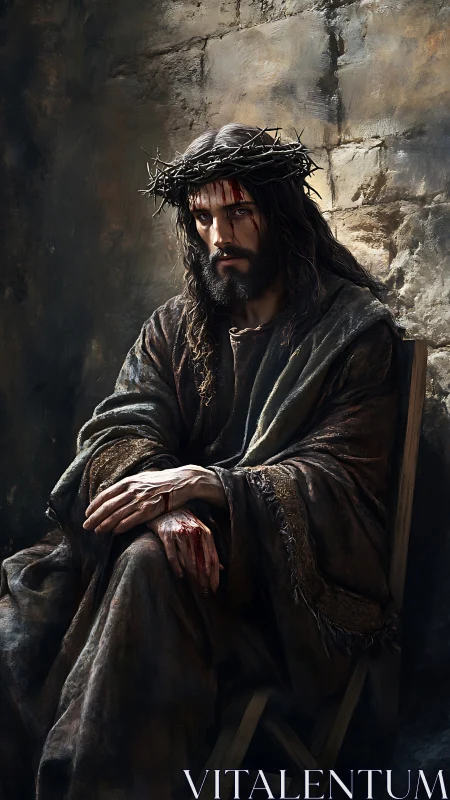 Crowned figure in tattered robe seated against stone wall.