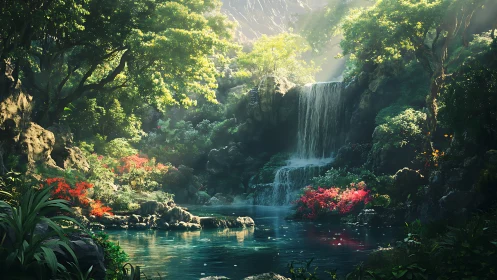 Luminous forest waterfall over tranquil jade lagoon at dawn.