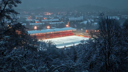 Winter night football stadium glowing through snowy trees.