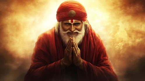 Serene elderly guru bows in radiant golden light of peace.