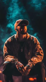Male performer seated onstage amid blue atmospheric smoke.