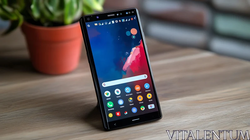 Android Smartphone on Wooden Surface with Potted Plant
