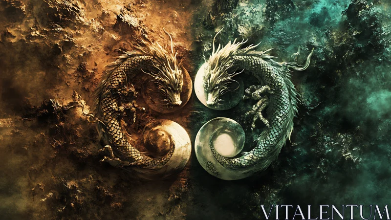 Twin elemental dragons swirling in a cosmic yin yang dance.