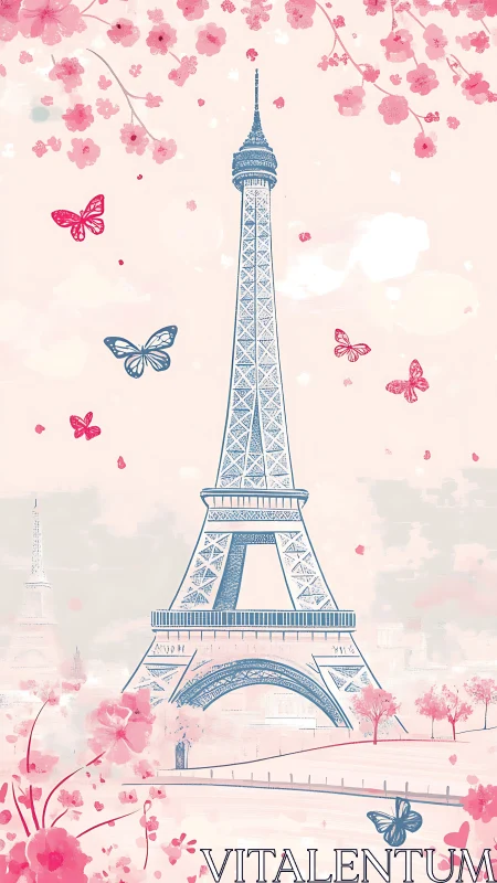 Eiffel Tower line illustration amid pink cherry blossoms.