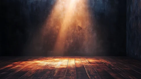 Solitary sunbeam ignites a moody wooden floor stage.