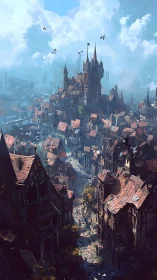 Medieval hilltop castle crowns a bustling fantasy cityscape.