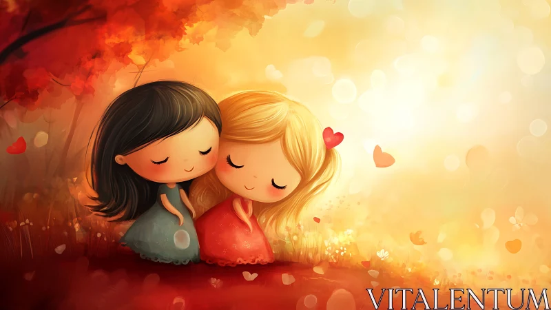 Two animated figures embrace in warm, luminous autumn scenery with heart motifs