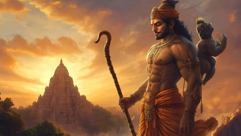 Sunlit warrior deity before ancient temple at dusk.