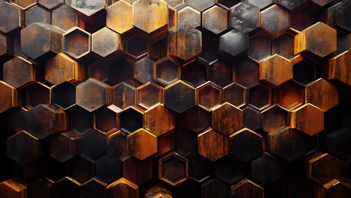 Honeycomb glow wall with warm geometric wooden depth.
