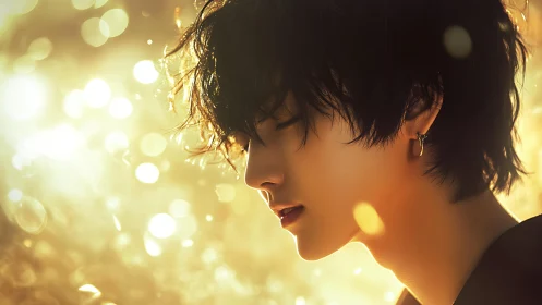 Golden backlit profile captures serene, dreamlike contemplation.