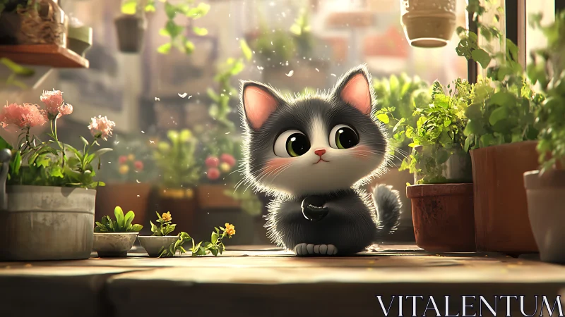 Adorable Black and White Kitten Surrounded by Blooming Potted Plants
