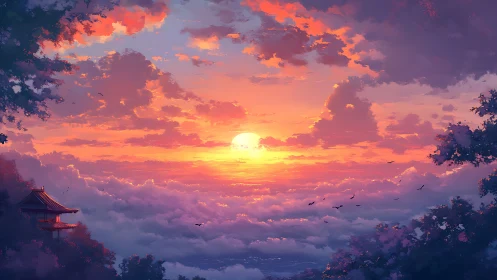 Sunset above cloud sea renders tranquil temple-side horizon