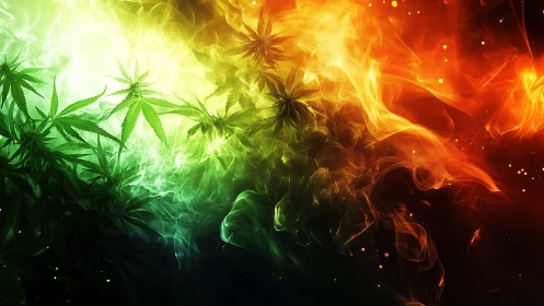 Cannabis leaves framed by fiery tricolor smoke gradient.