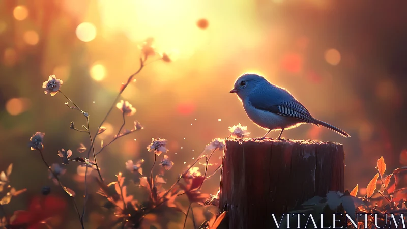 Backlit blue songbird on stump in shallow depth bokeh field