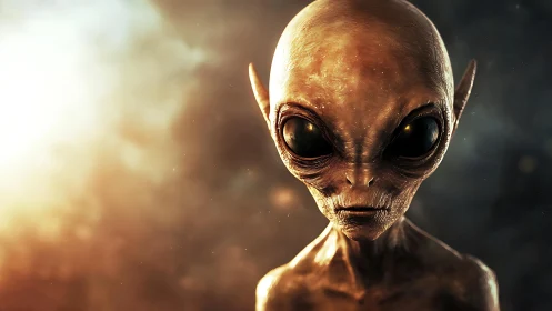 Alien portrait with large eyes in dramatic warm light.