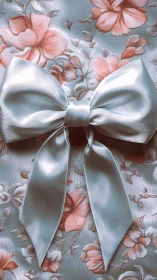 Satin bow on rose jacquard fabric in soft pastel tones.