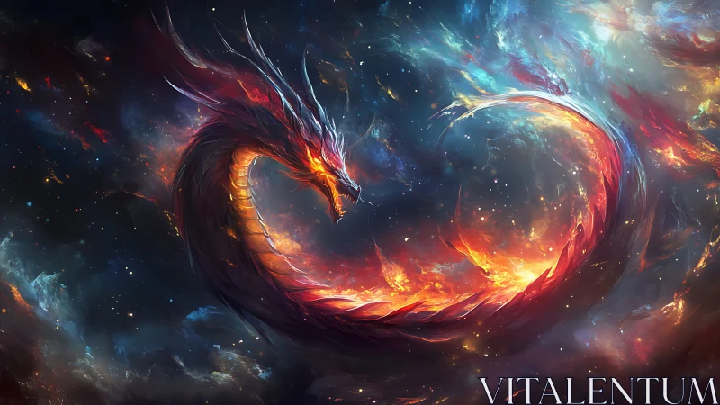 Fiery cosmic dragon forms a glowing ring in deep space