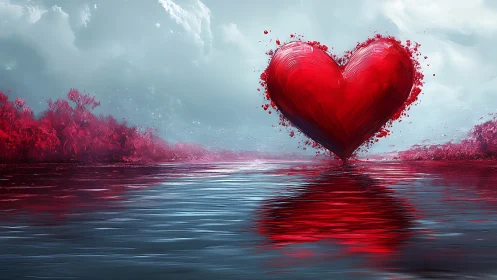 Red Heart Suspended Over Crimson Waters.