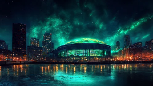 Futuristic domed arena under teal night sky glow.