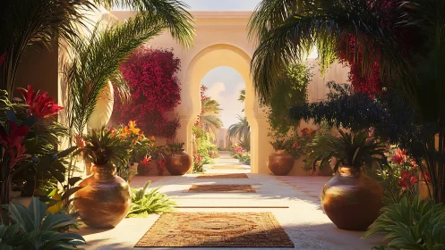 Moroccan Courtyard with Arch Portal: Volumetric Lighting and Botanical Composition