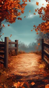 Golden autumn path beneath swirling scarlet leaves.