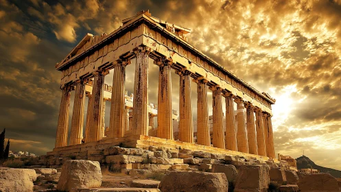 Sun-struck Parthenon leans into a storm of molten clouds