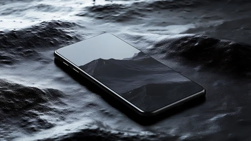 Edge-to-edge smartphone on reflective terrain with glossy highlights