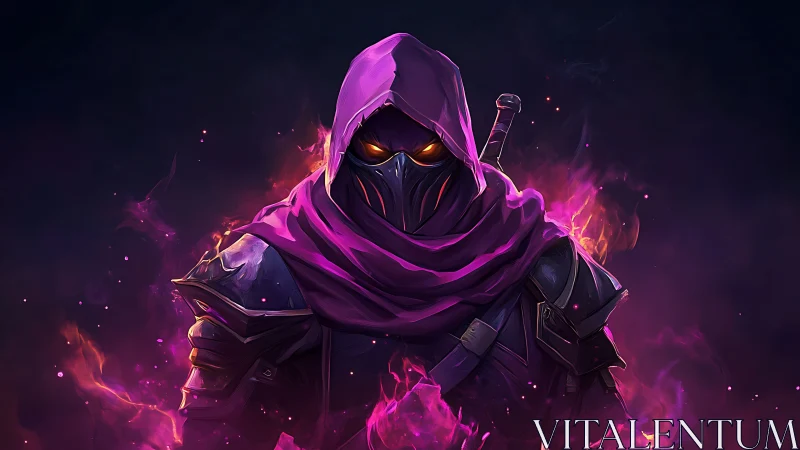 Hooded armored figure with glowing eyes in purple flames.
