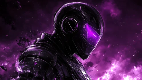 Galactic cyber warrior glows with vivid purple cosmic energy